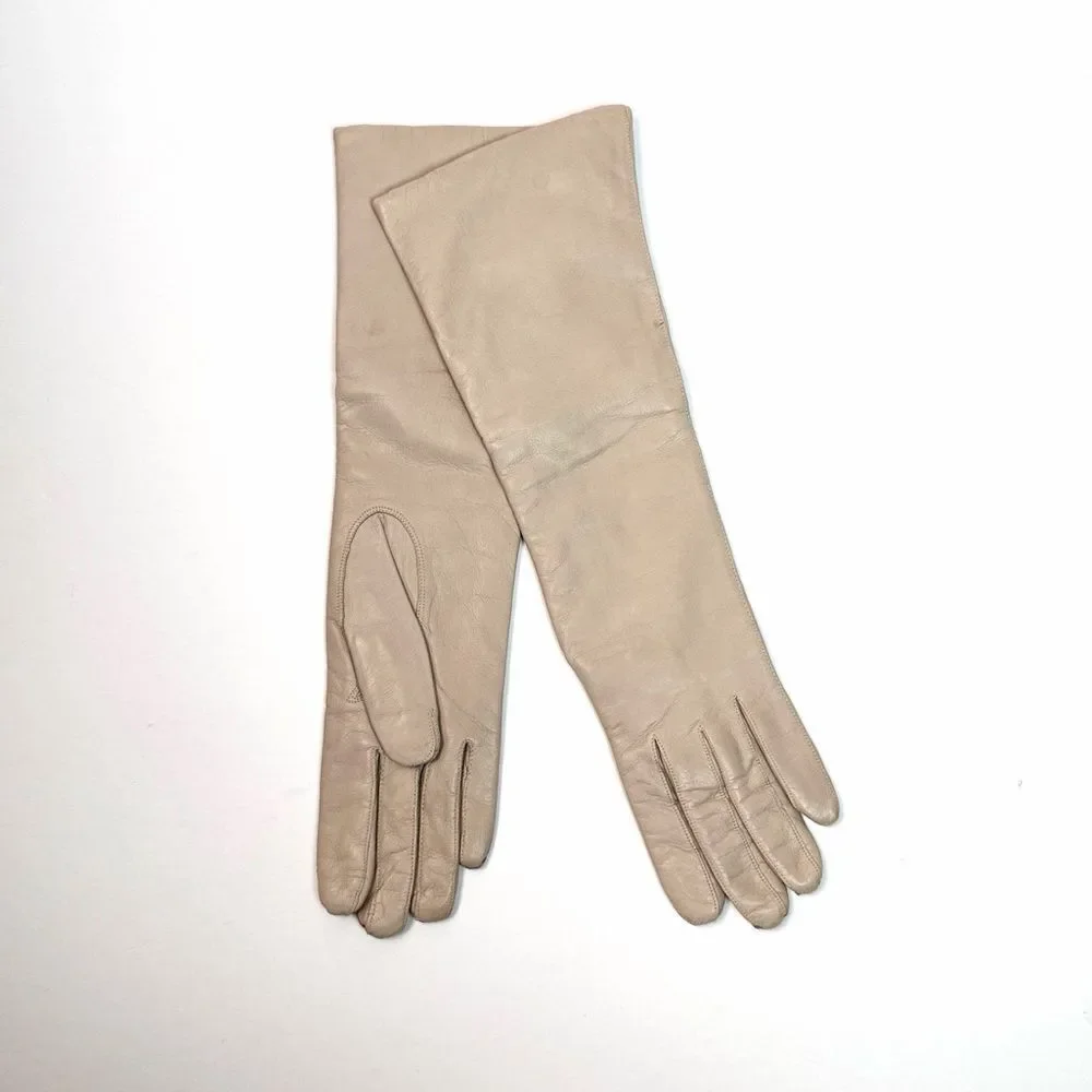 Bloomingdale's Long Leather Gloves Wool Lining Hazelnut Beige Vintage France 6,5